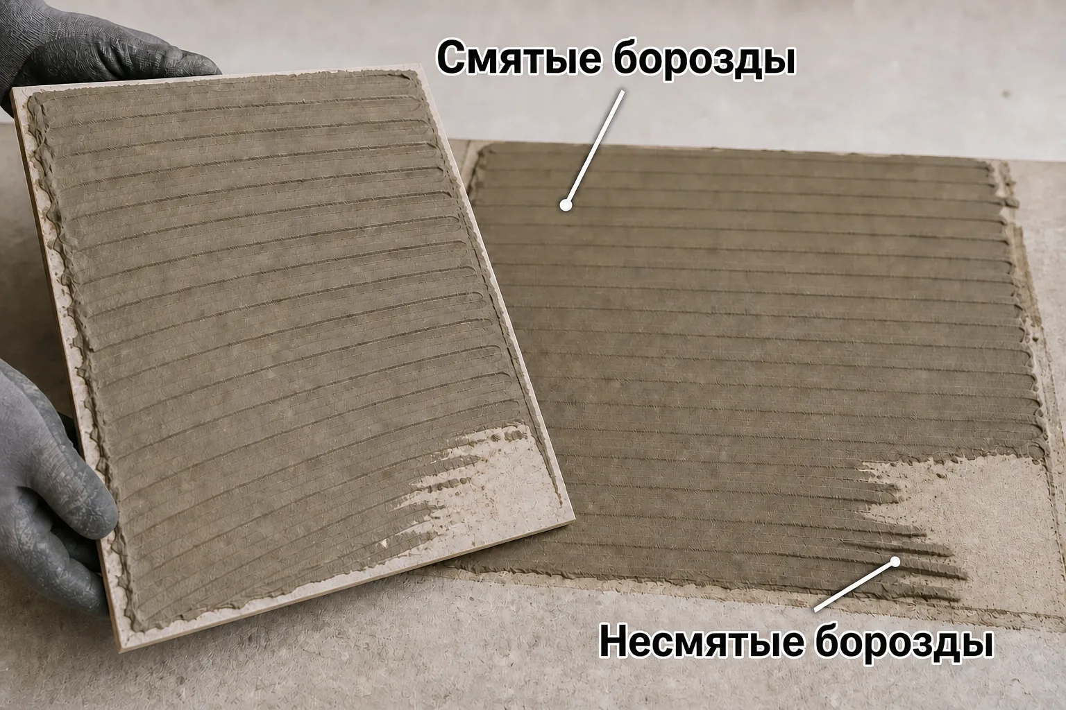Свежеподнятая плитка и клеевой слой с участками смятых и сохранившихся борозд для проверки контакта